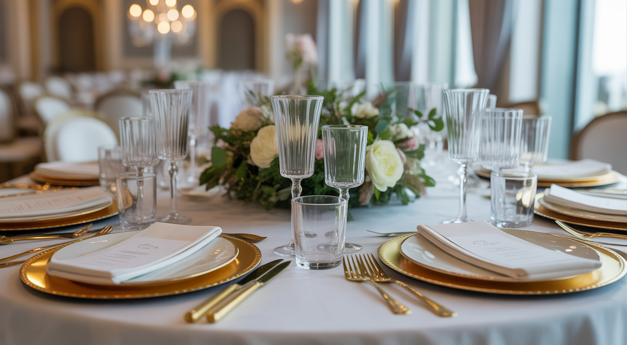 Elegant event table setting with glassware and linens