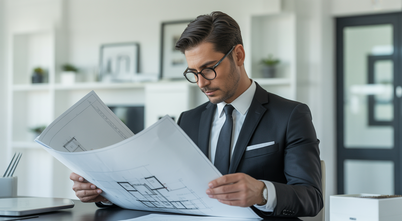 A professional luxury real estate broker reviewing documents in a modern office, representing expertise in high-value property transactions.