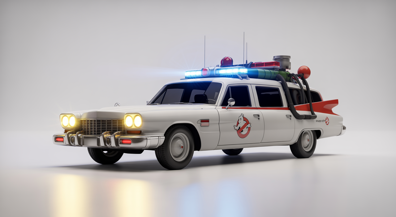 The iconic Ghostbusters Ecto-1 car with its emergency lights flashing, against a clean background, representing the siren's legacy.