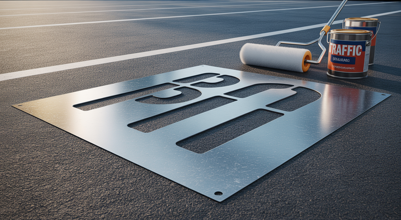 Durable parking lot stencil for professional pavement markings.