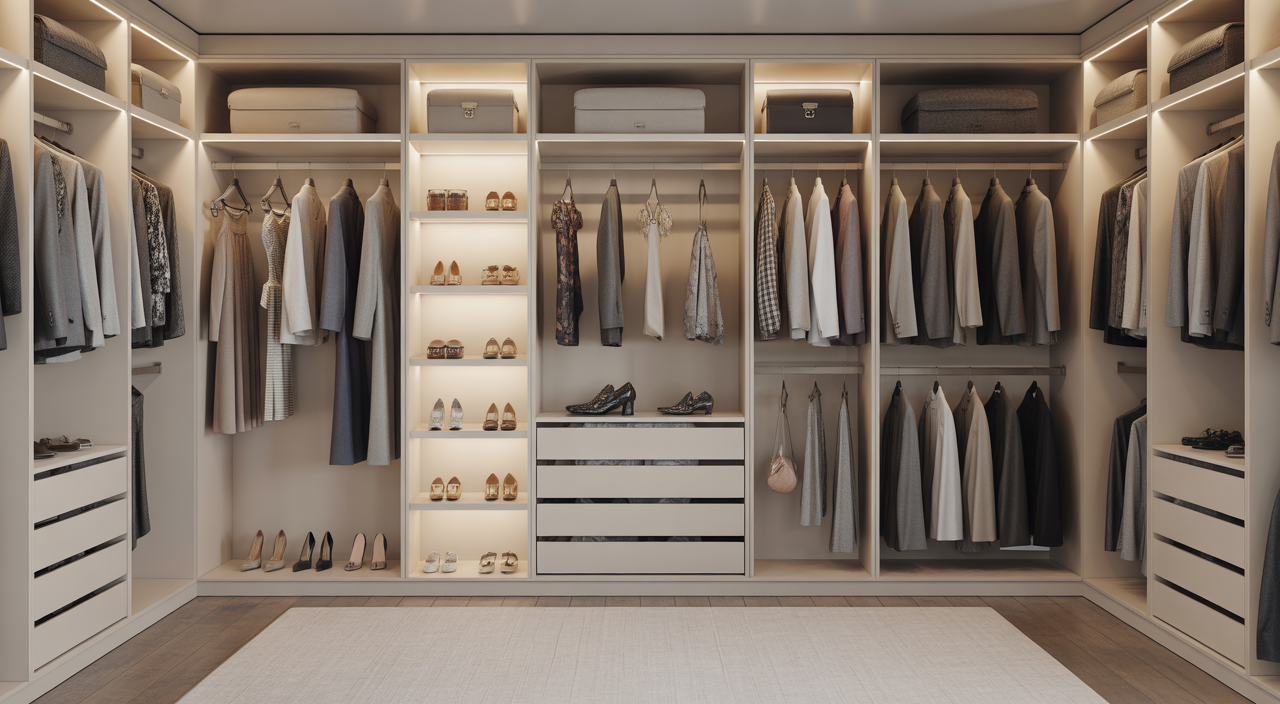 Luxurious contemporary fitted walk-in wardrobe with organized clothes, shoes, and accessories