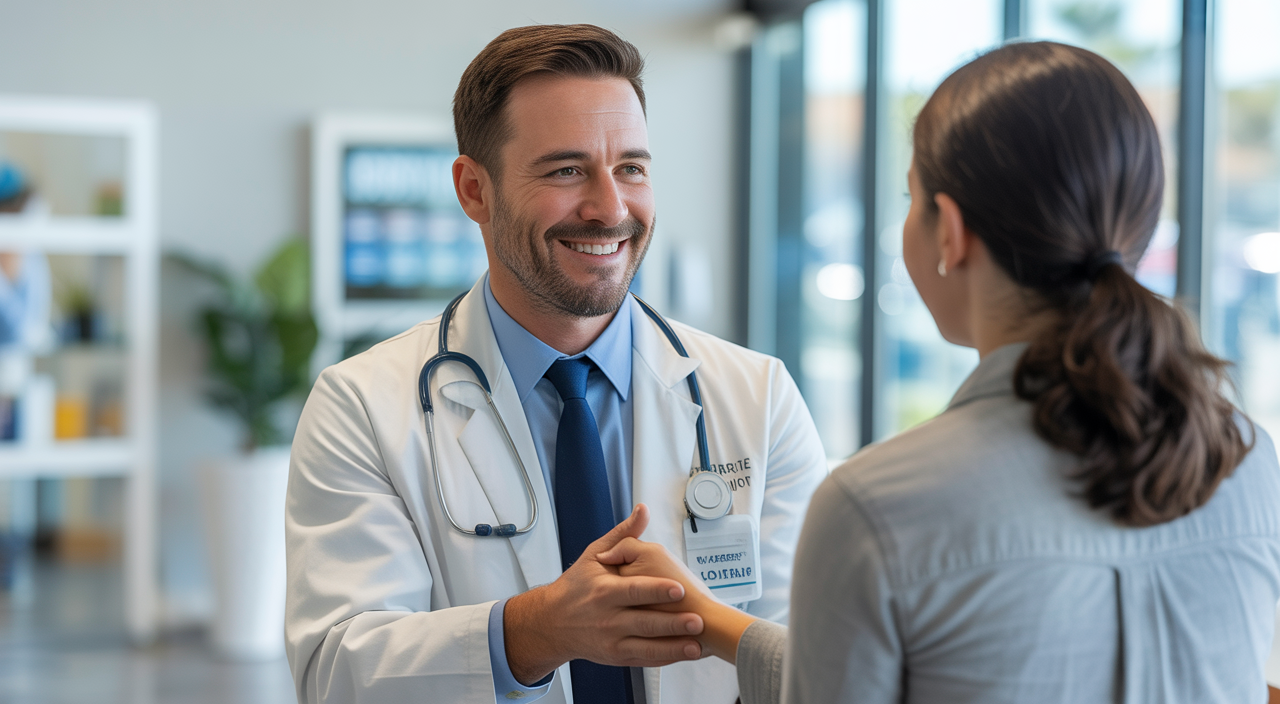 Urgent care doctor in Los Angeles welcoming a patient in a modern clinic setting.