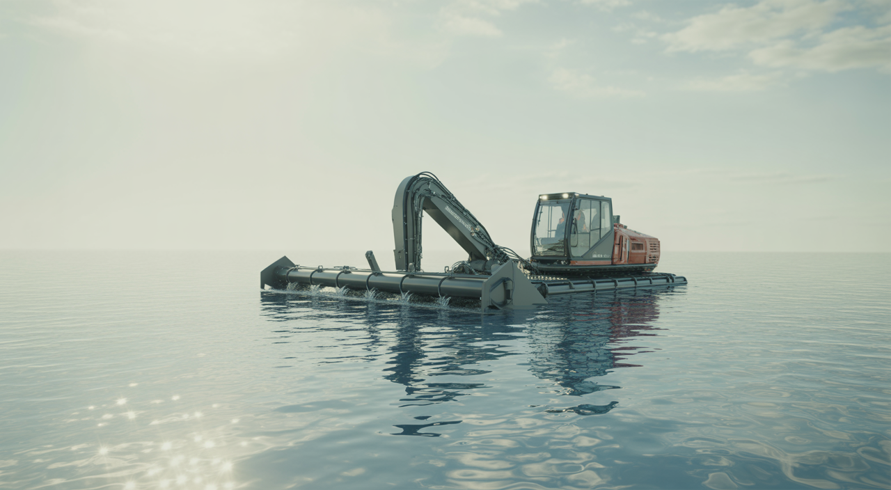 A modern lagoon dredge efficiently cleaning a large, clear pond, restoring its capacity against a bright, professional background.