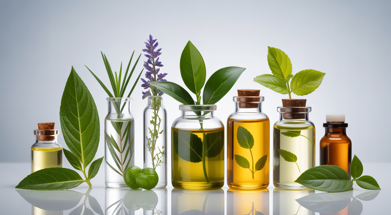 Elegant display of natural herbal extracts in glass bottles next to fresh green herbs on a clean background, representing nature's concentrated power for wellness.
