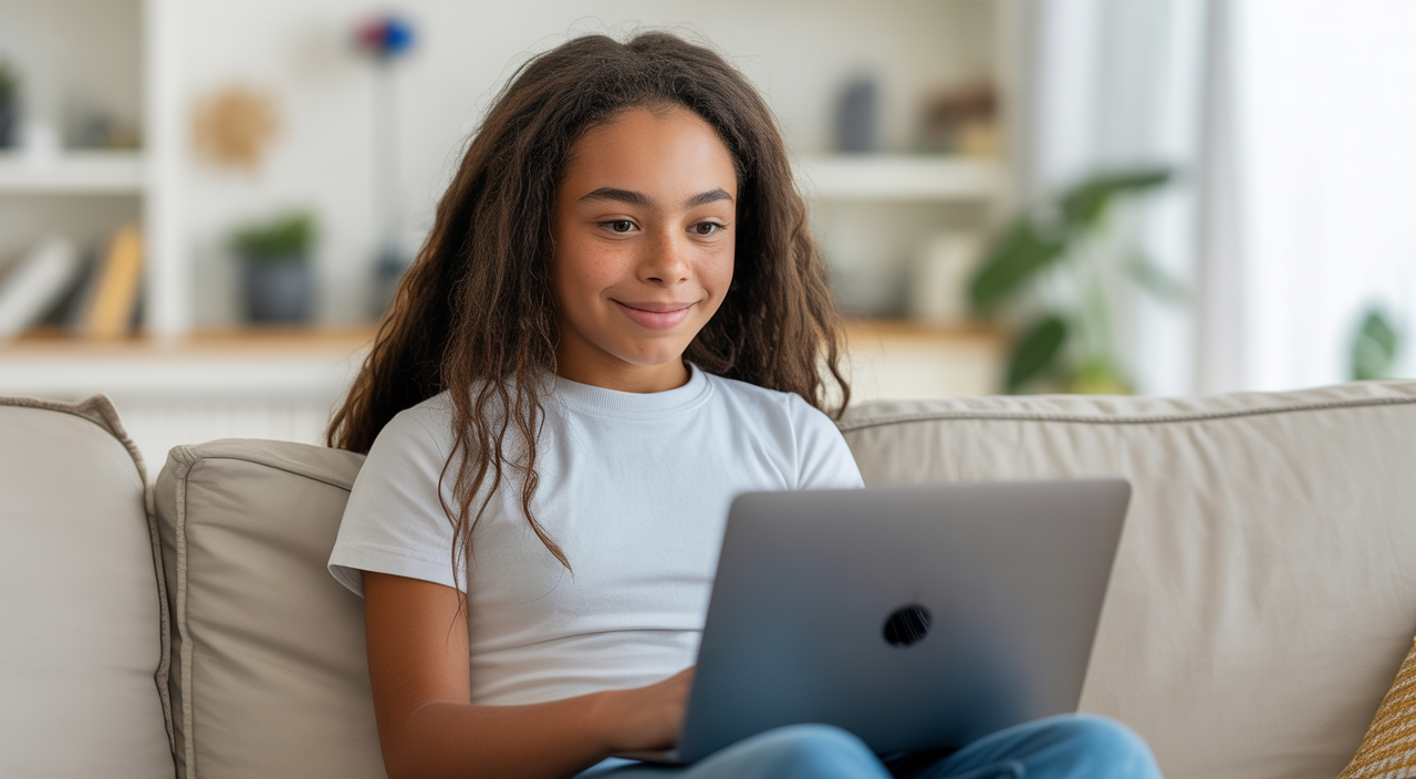 A teenager engaging in an online therapy session on a laptop, representing accessible mental health support for youth in New York City.