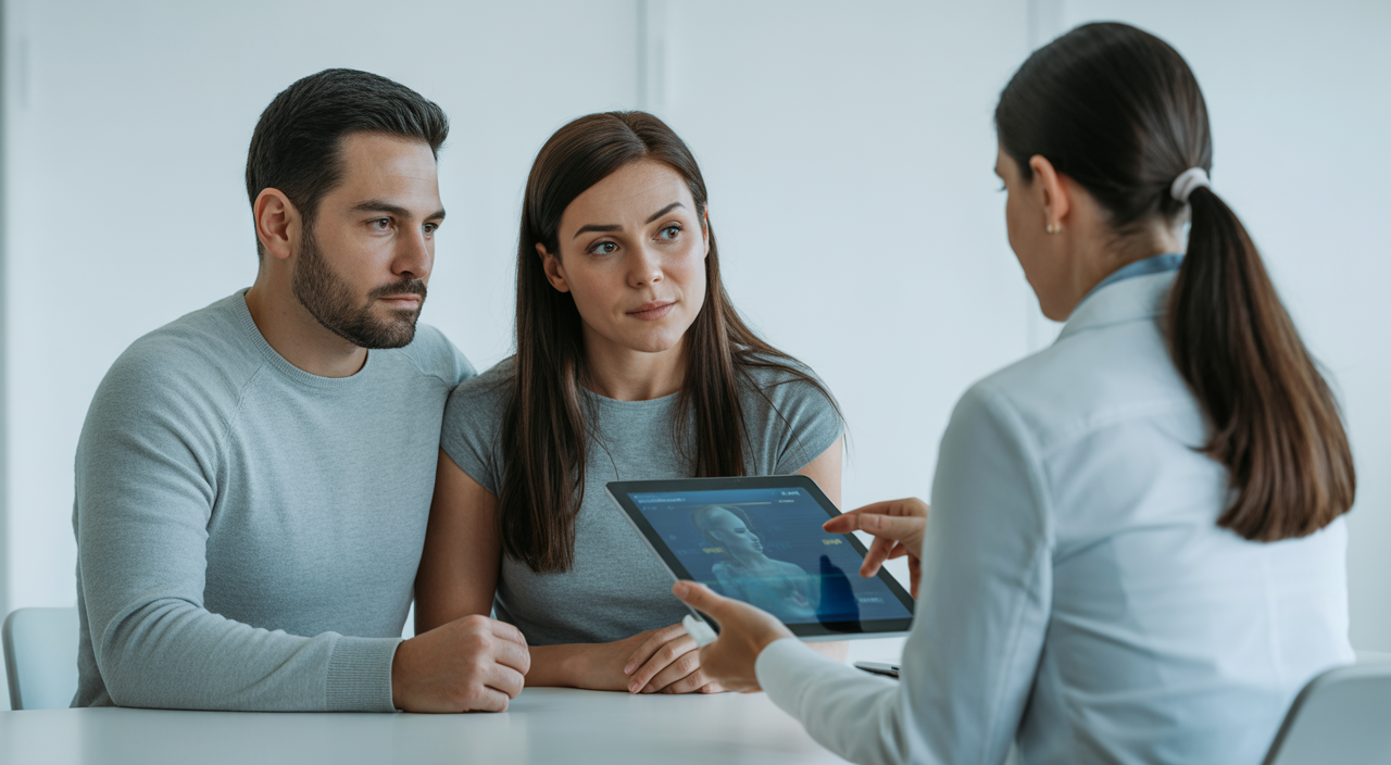 A hopeful couple consults with a compassionate female fertility specialist in a modern clinic setting, discussing fertility treatment options.