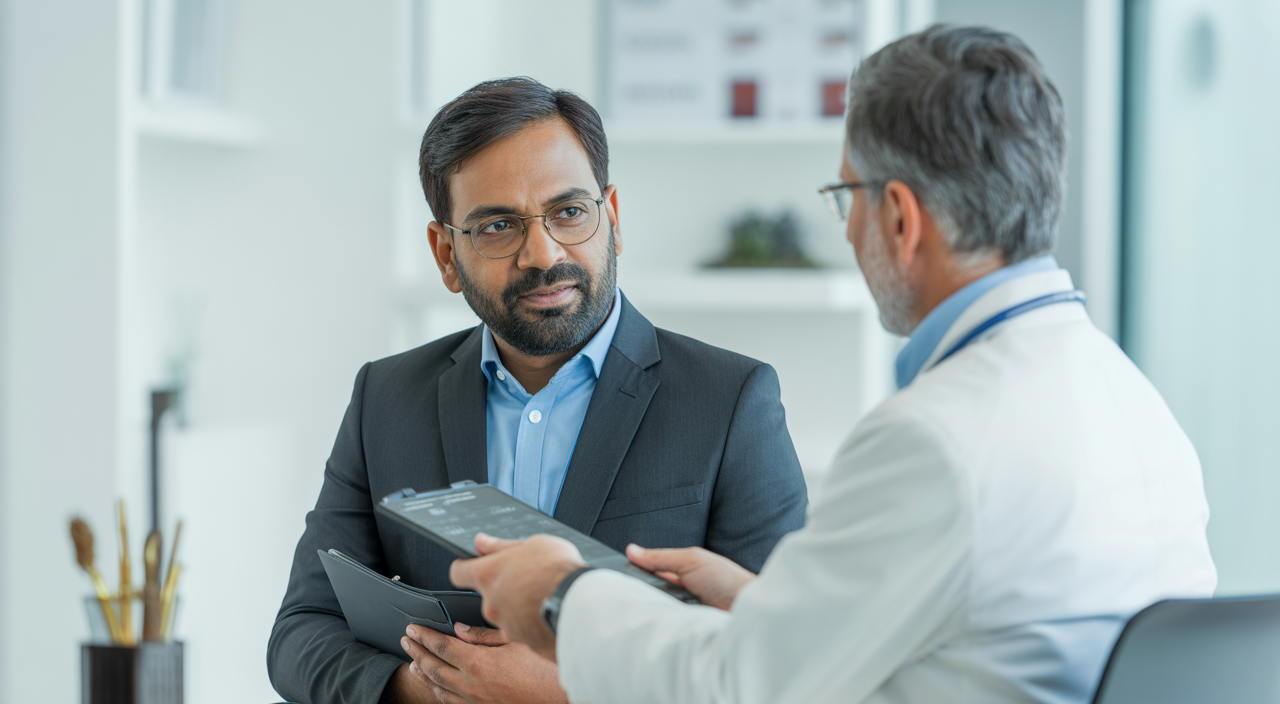 Photorealistic image of an Indian professional having a focused medical consultation with a concierge doctor in a modern clinic with white background