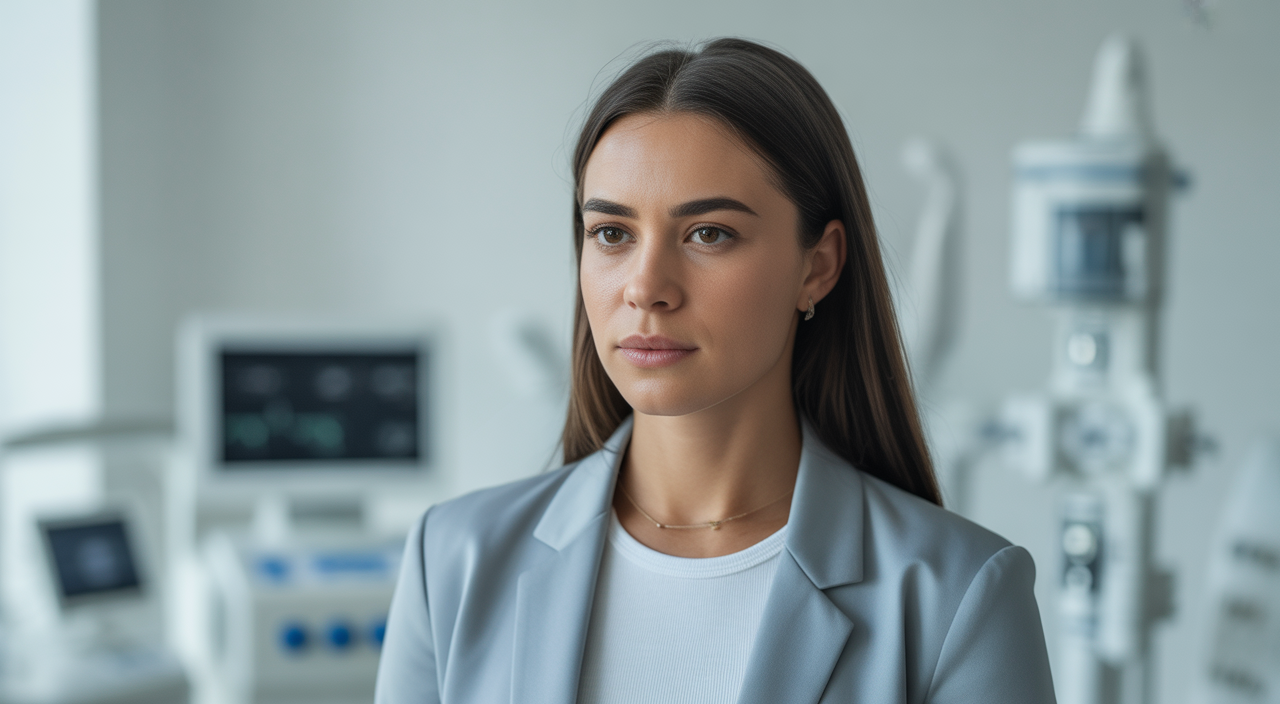 Photorealistic image of a confident young woman in a clean neutral background representing fertility preservation decision in a modern clinic