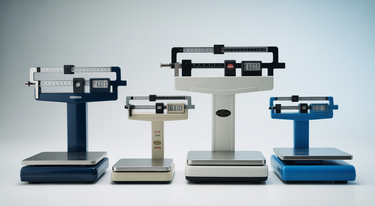 Calibrated weighing scales and measuring instruments on a clean white background