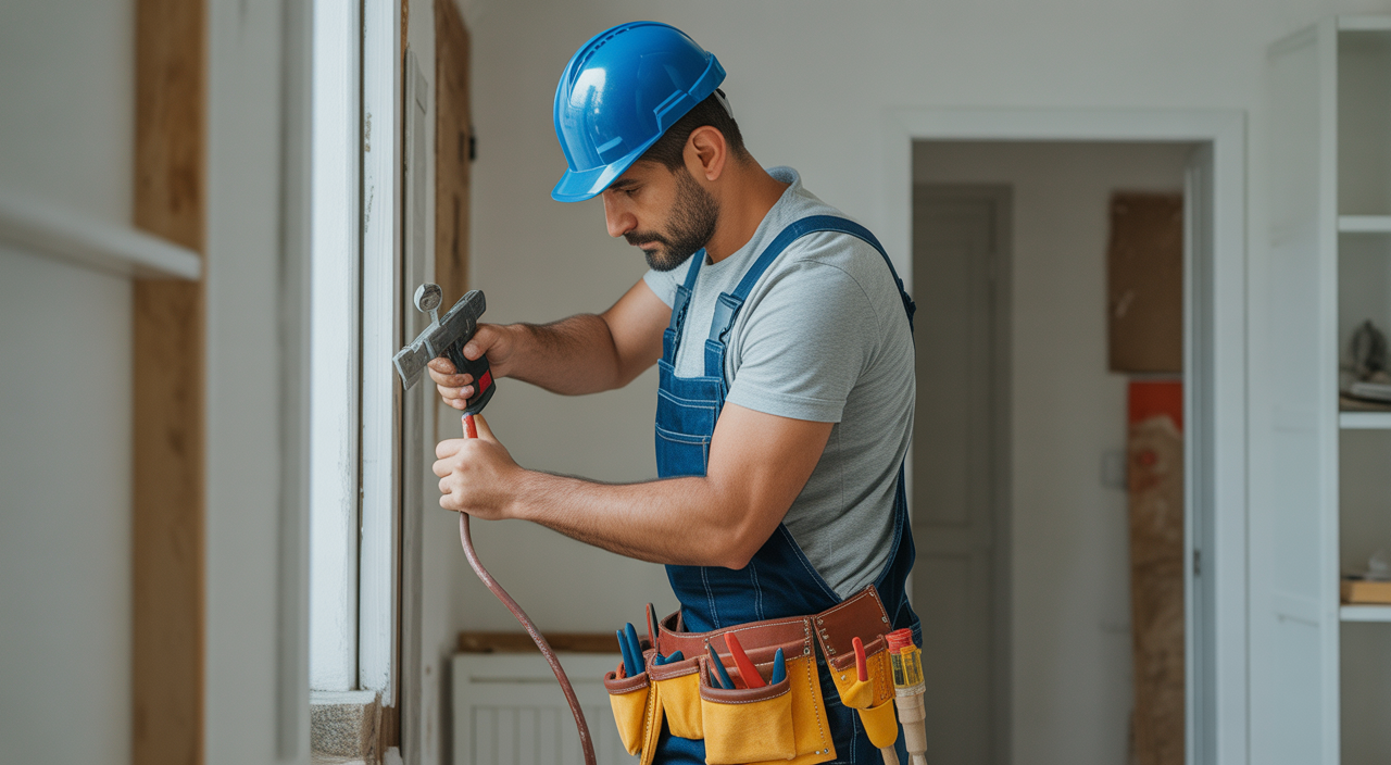 Skilled handyman repairing a residential home with modern tools, professional and clean white background