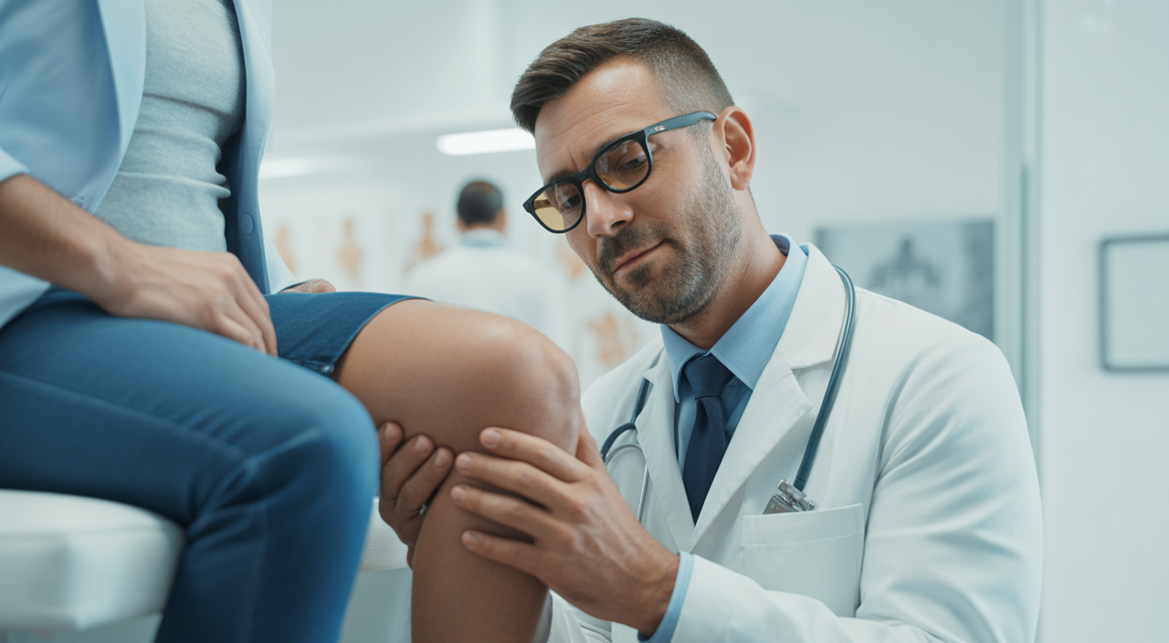 Orthopedic specialist examining patient's knee in modern clinic