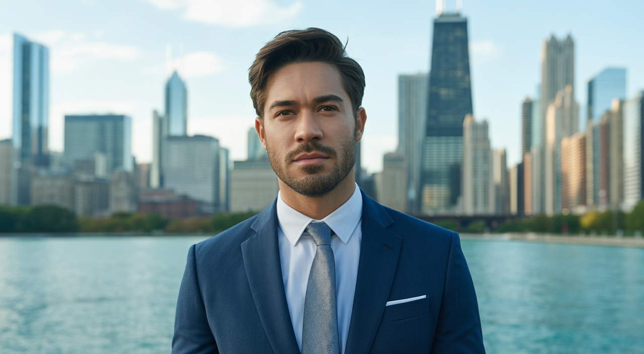 Photorealistic image of a confident single professional representing matchmaking services in Chicago with an urban city background