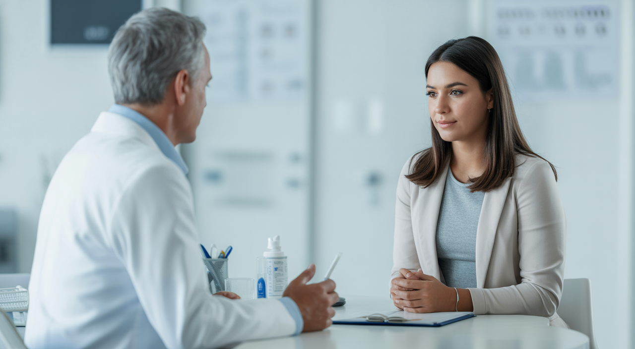 Young woman consulting with a fertility specialist in a modern medical clinic, representing egg donor screening process in San Diego