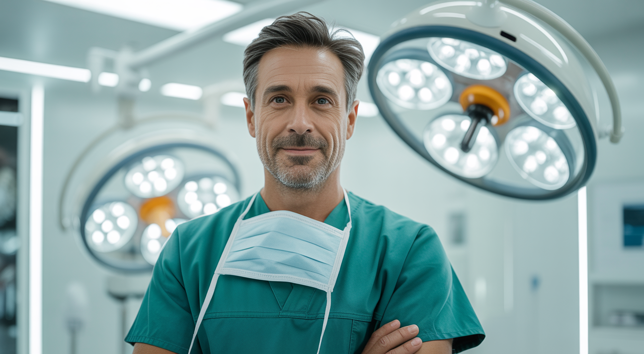 Confident plastic surgeon in modern clinical setting with clean white background
