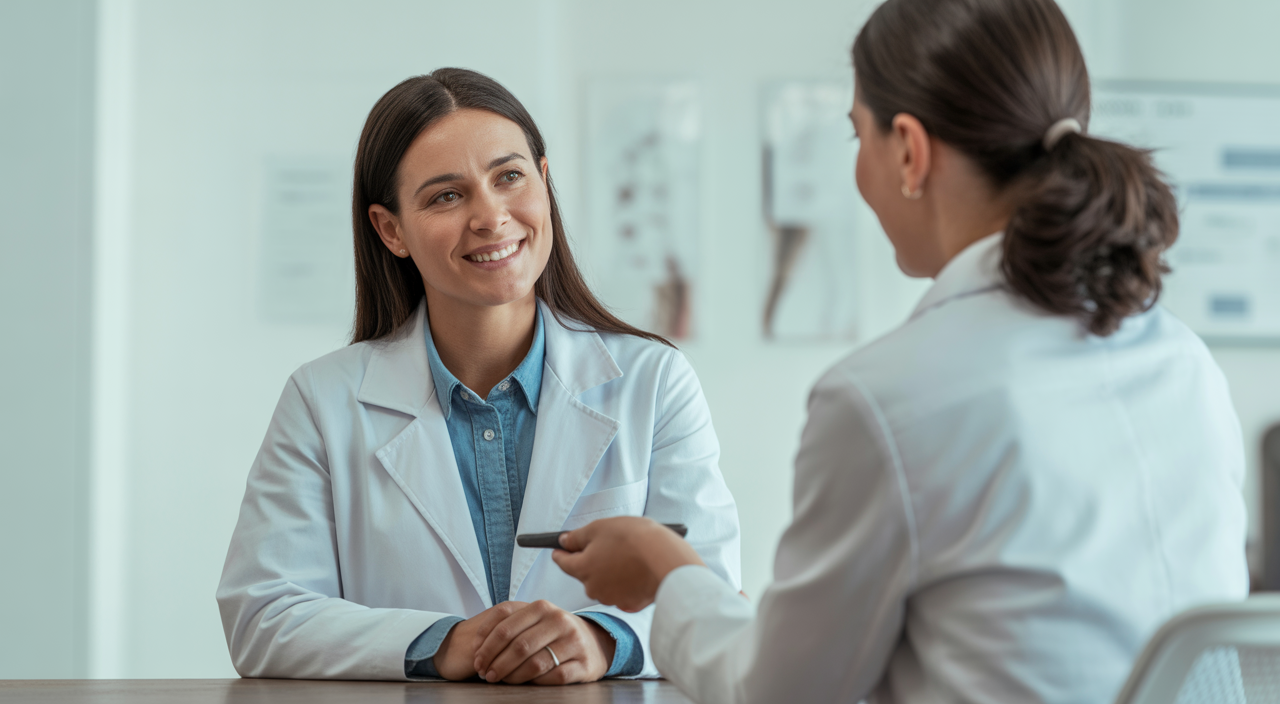 Photorealistic image of a woman consulting a fertility specialist in a modern clinic, symbolizing diminished ovarian reserve treatment and personalized care