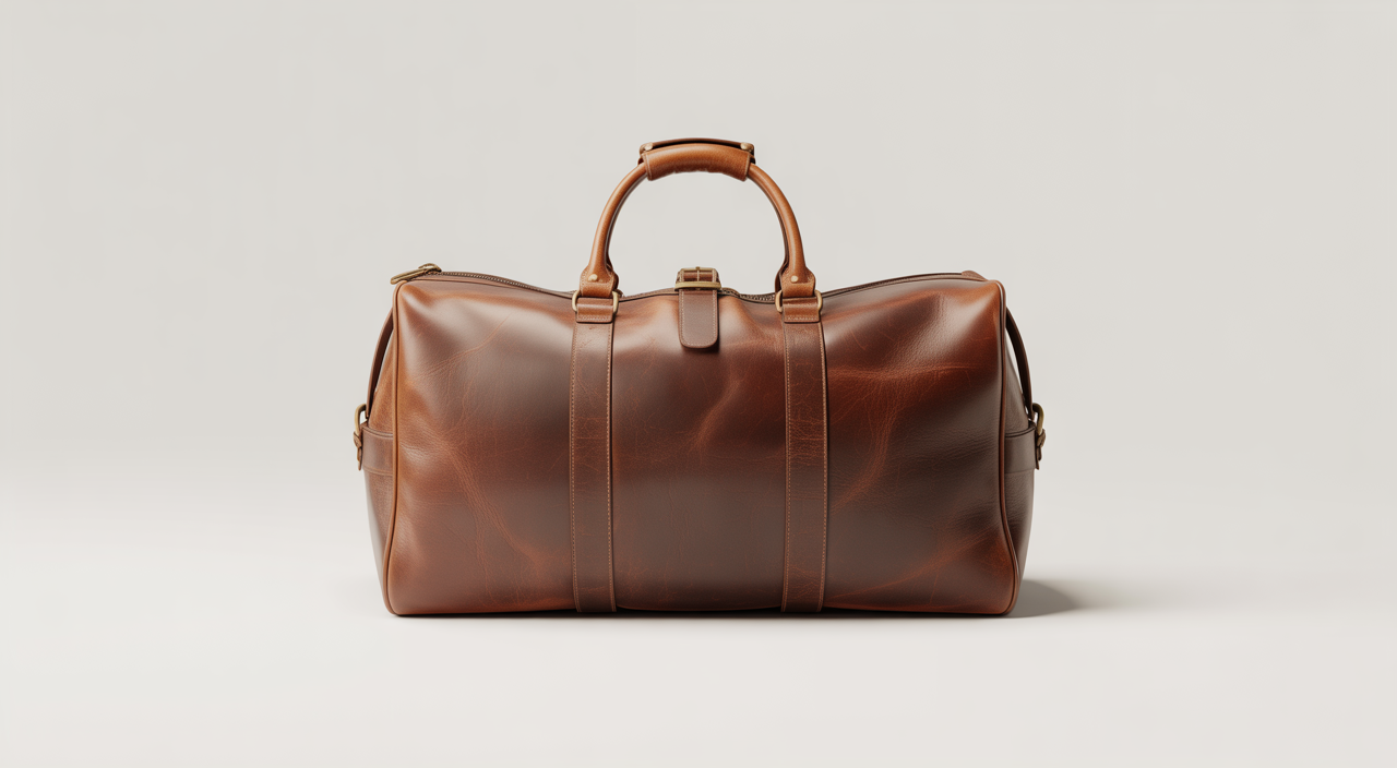 Photorealistic image of a vintage leather duffle bag with antique brass hardware and rich natural leather patina on a white background