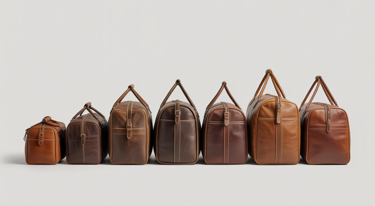A classic vintage leather duffle bag placed on a travel bench, showcasing its rich patina and sturdy handles.