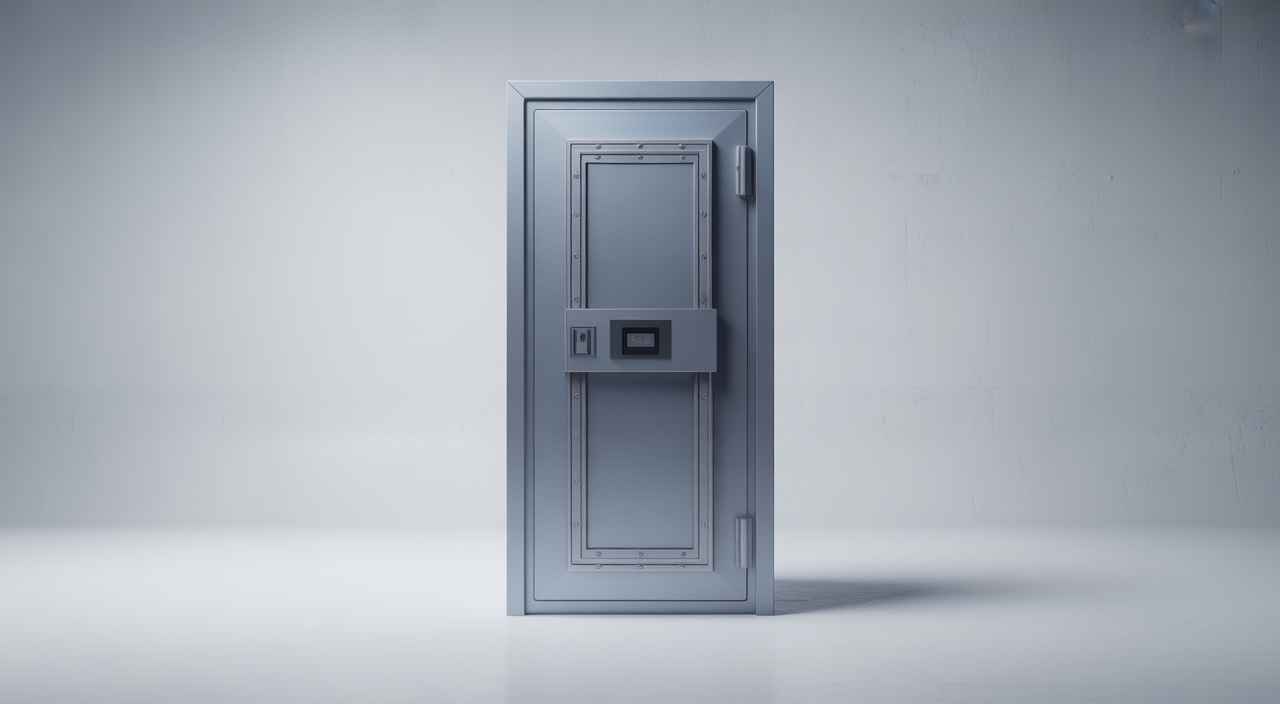 Photorealistic image of a modern fortified residential safe room door with sleek design on a clean white background