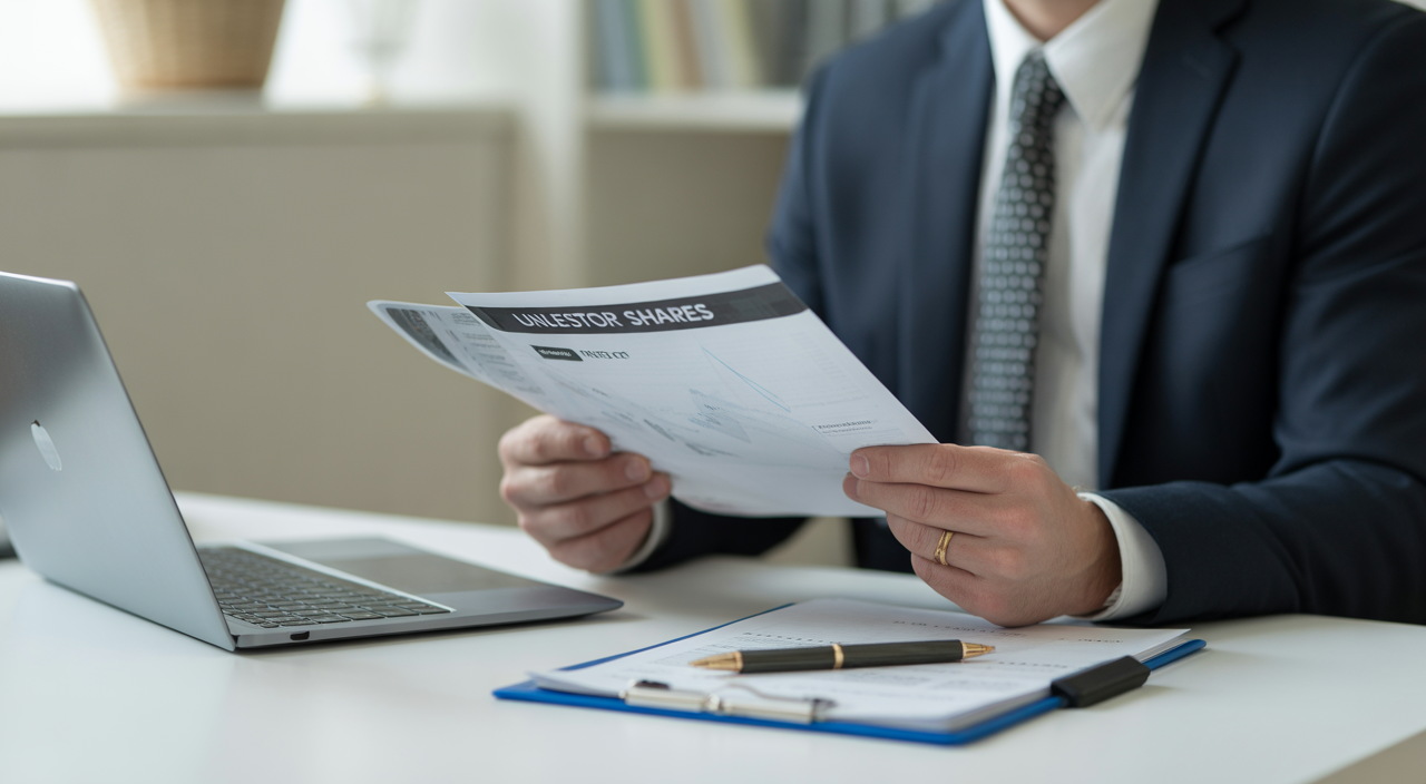 An investor reviewing financial documents related to unlisted shares investment on a modern desk with laptop and papers, professional photograph on white background