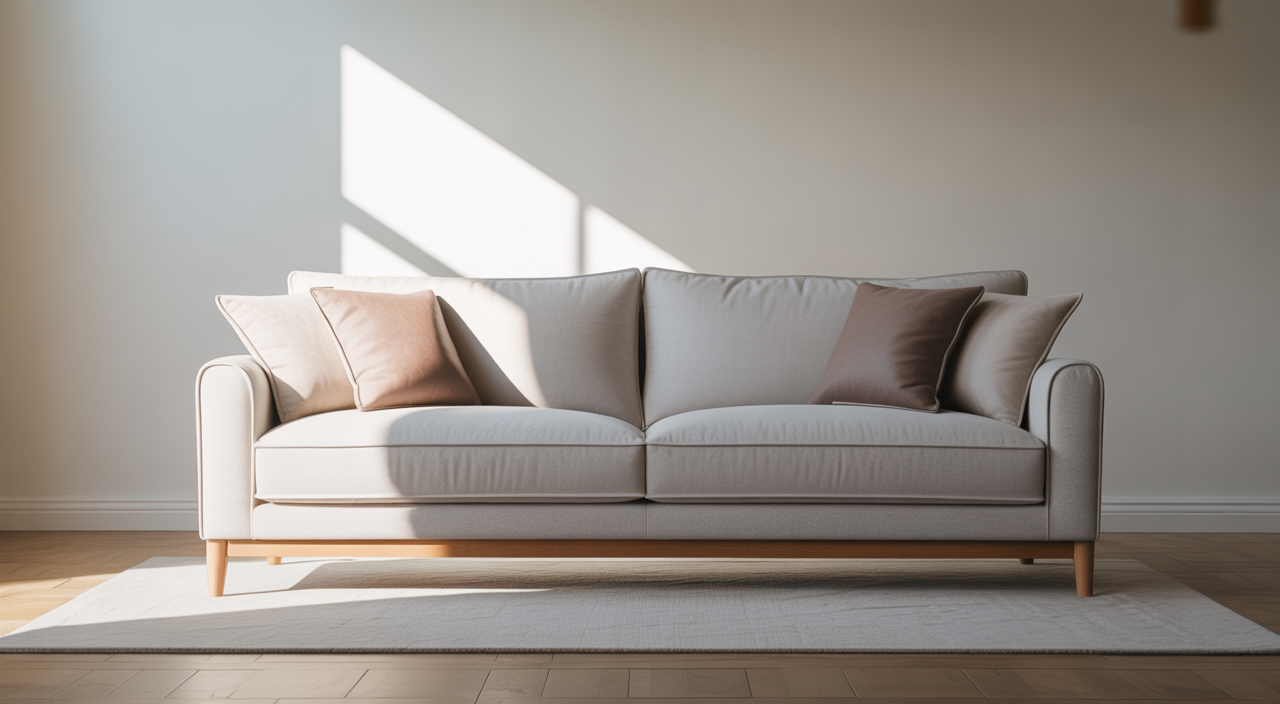 Photorealistic modern sofa with clean upholstery showcasing professional upholstery cleaning results in a bright, neutral setting