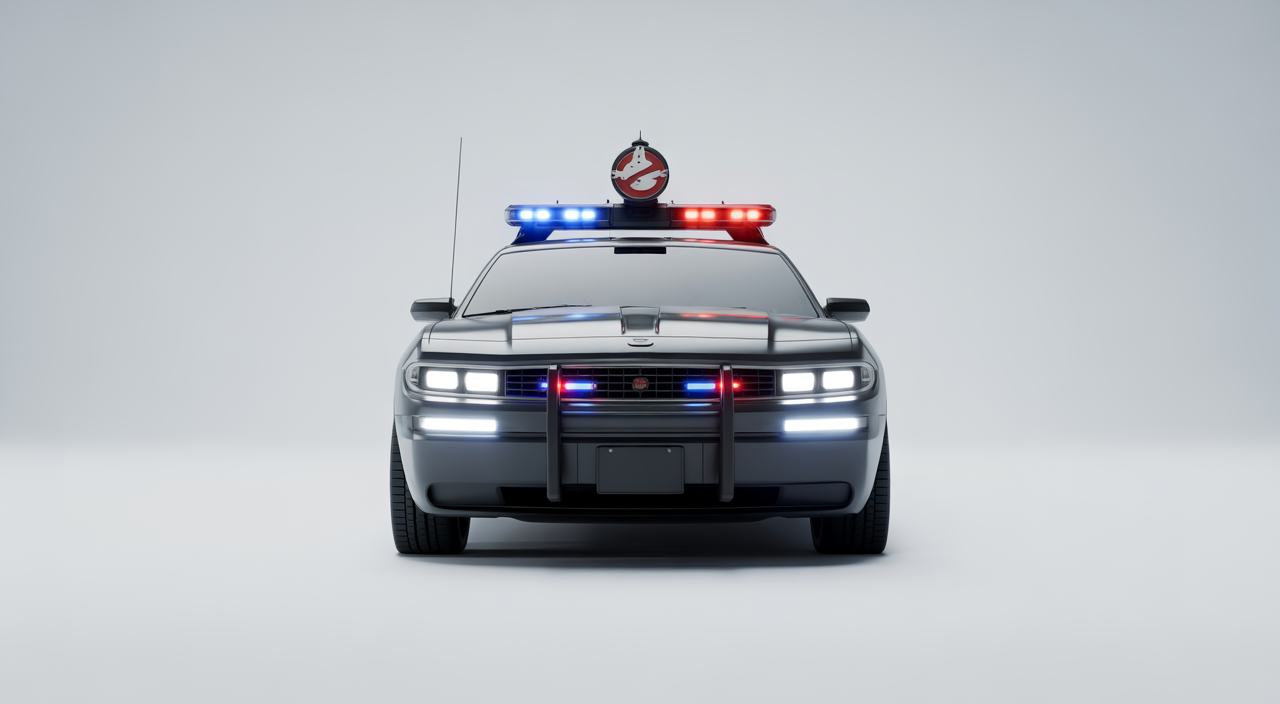 Professional photograph of a modern car featuring an installed Ghostbusters siren with a clean white background