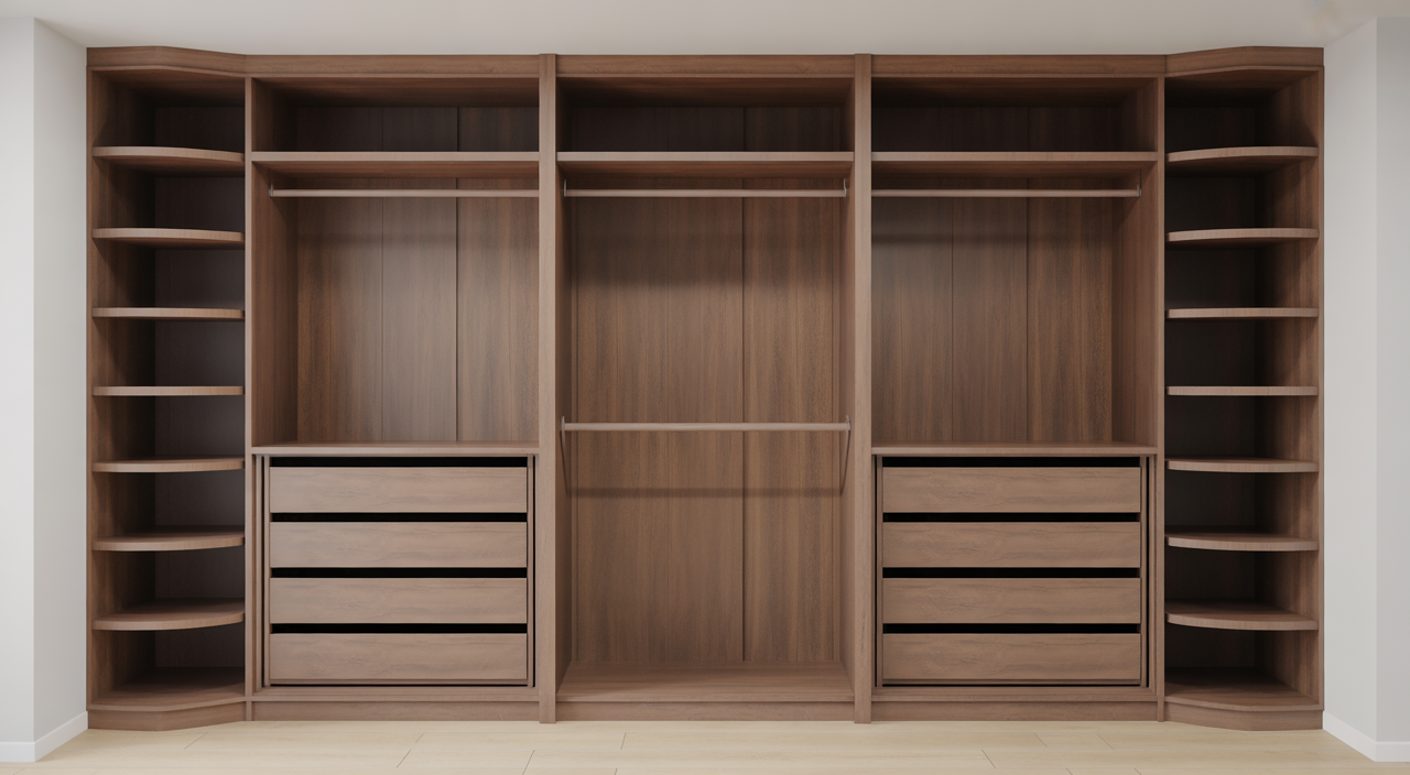 Photorealistic view of a bespoke walk-in wardrobe with custom shelves and drawers in a modern dressing room
