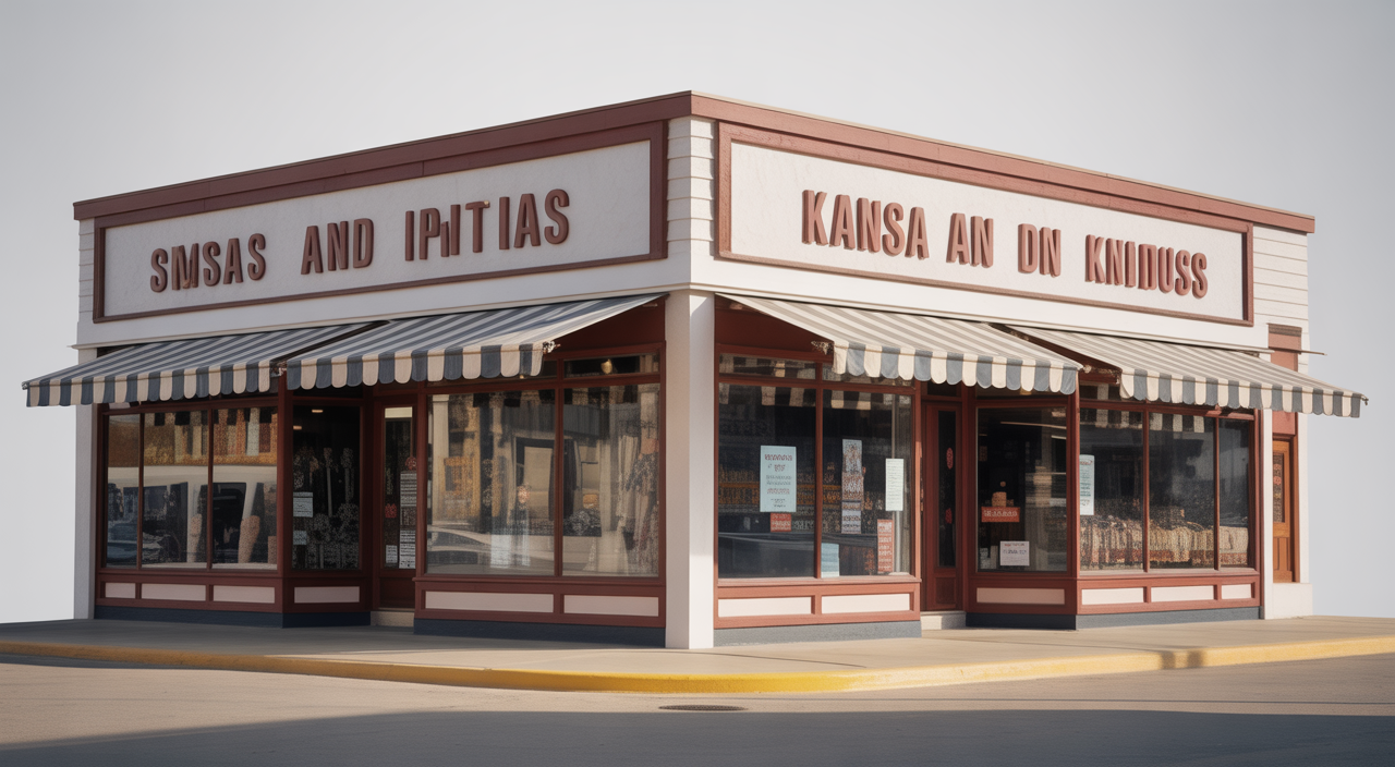 Photorealistic image of a modern small business storefront in Kansas representing Indian investment, with clean white background and professional lighting