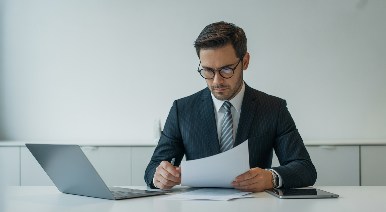 Confident business professional reviewing SaaS legal documents on a modern desk with digital devices, representing hiring a SaaS agreements lawyer