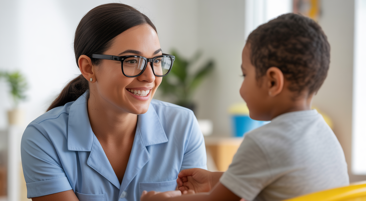 Photorealistic image of a Registered Behavior Technician warmly engaging with a child in a therapy setting on a neutral background